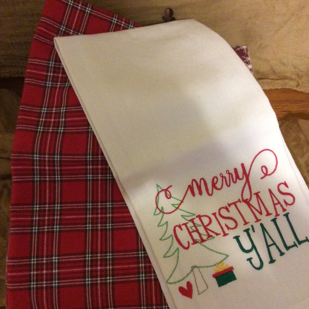 Cute Merry Christmas Y’all kitchen towel , with plaid towel.